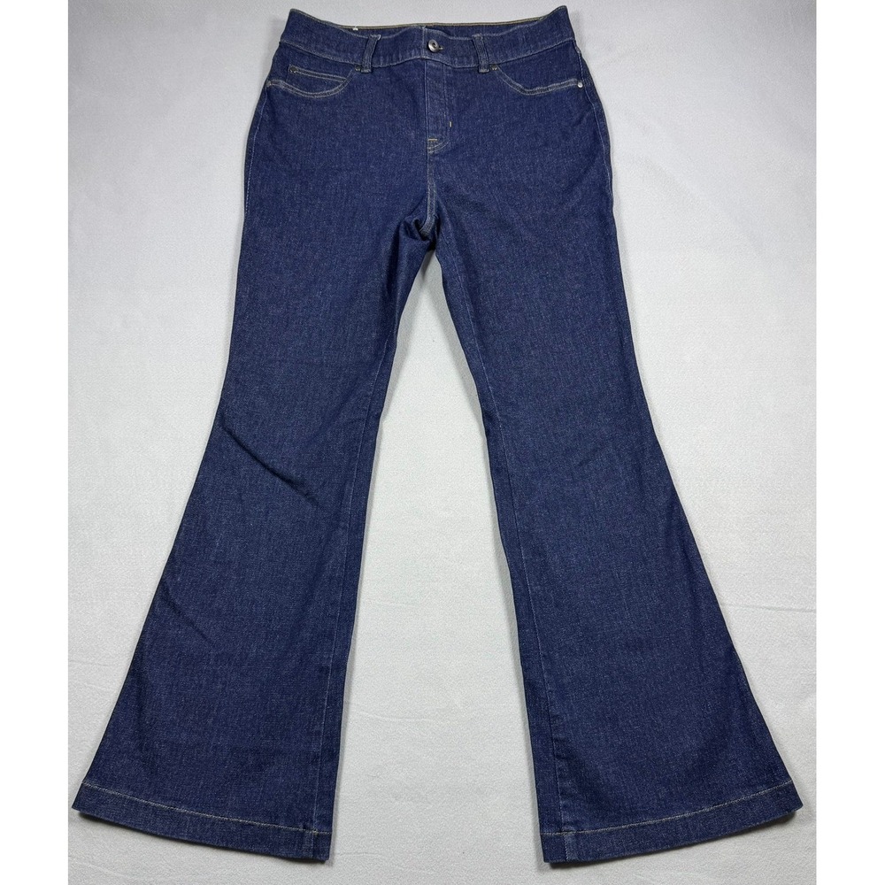 Spanx Flare Jeans Dark Indigo Blue High Rise Pull On Stretch Denim 21266Q Large
